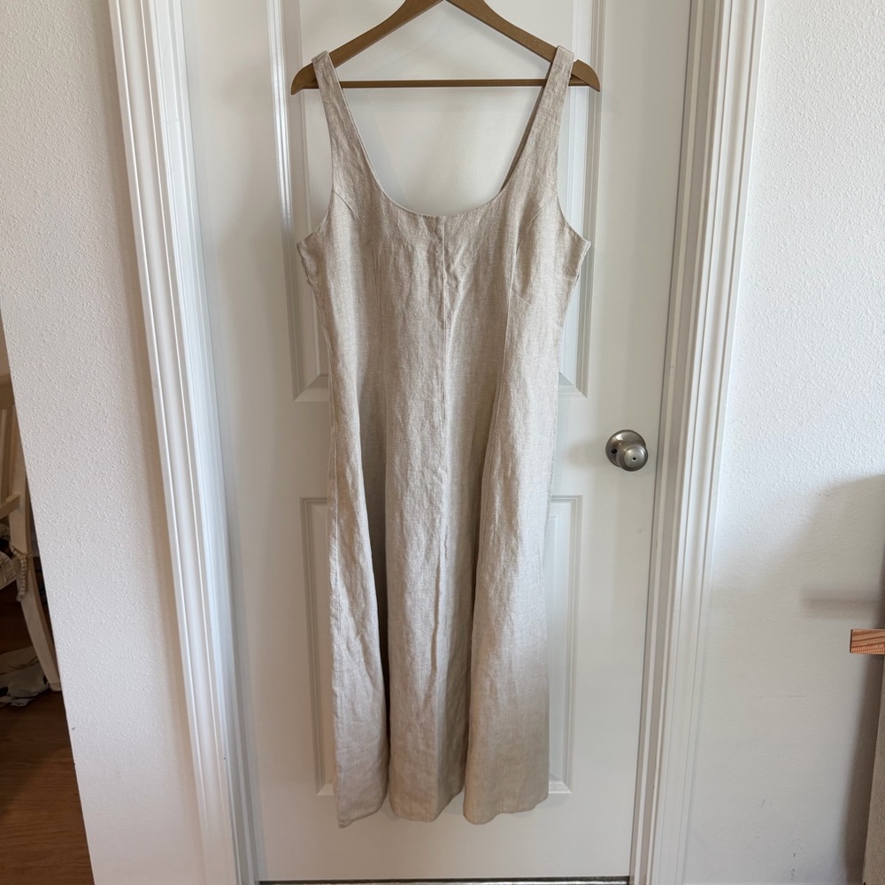 NWT Primark Linen Midi Tank Dress US 10 Beige Tan Scoop Neckline Summer A-line